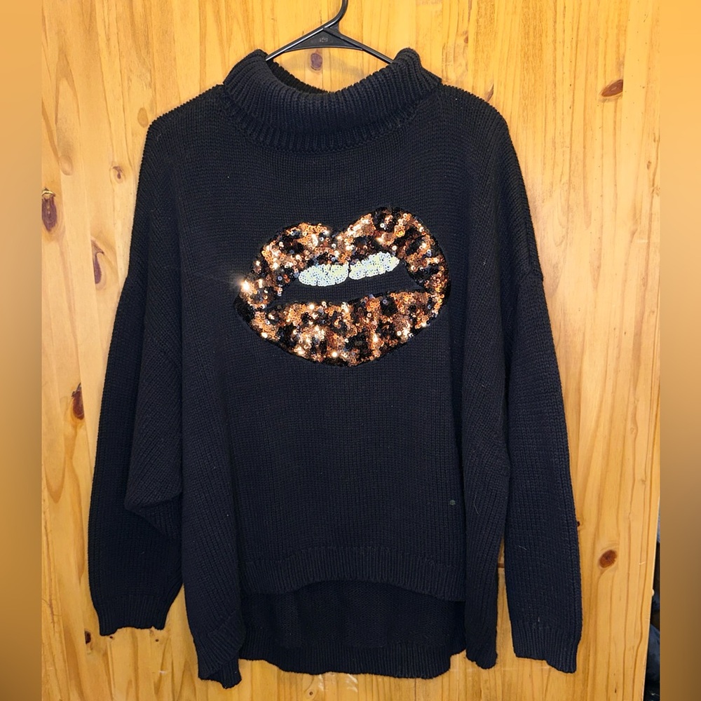 Torrid Black Cowlneck Sweater with Sequin Lip Design
